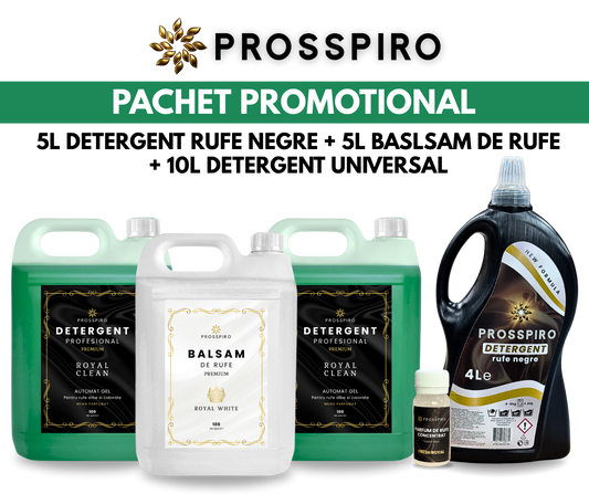 PACHET MEGA: 2x 5L Detergent "Royal Clean" (10L) + 1x 5L Balsam "Royal White" (5L) + 1x 4L Detergent "RUFE NEGRE" (4L) + 1x Parfum de rufe 50ml CADOU