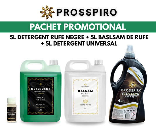 PACHET: 1x Detergent PROFESIONAL "ROYAL CLEAN" (5L) + 1X Balsam de rufe "ROYAL WHITE" (5L) + 1X Detergent "RUFE NEGRE" (4L) + CADOU: Parfum de rufe 50ml