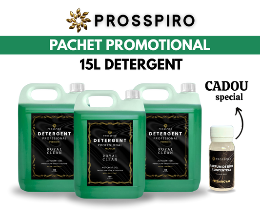 PACHET: 3x 5L Detergent Premium "ROYAL CLEAN" (15L) pentru rufe albe si colorate  + CADOU: Parfum de rufe 50ml