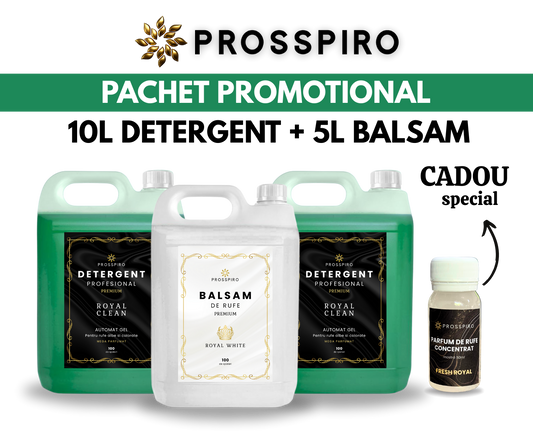 PACHET: 2x Detergent Premium "ROYAL CLEAN" (10L) + 1X Balsam de rufe "ROYAL WHITE" (5L) + CADOU: Parfum de rufe 50ml