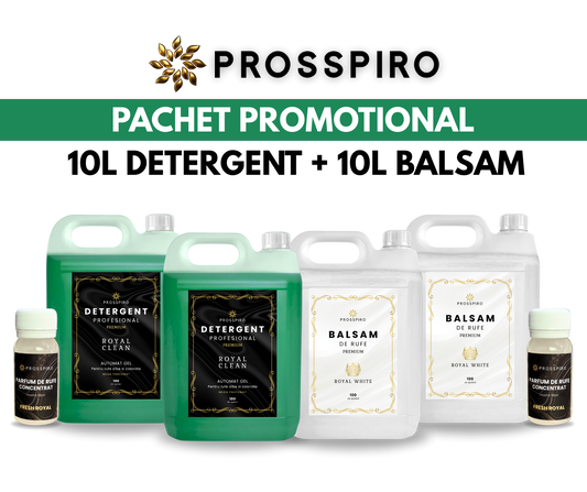 PACHETUL FAMILIEI: 2x 5L Detergent "Royal Clean" (10L) + 2x 5L Balsam "Royal White" (10L) + 2x Parfum de rufe 50ml CADOU