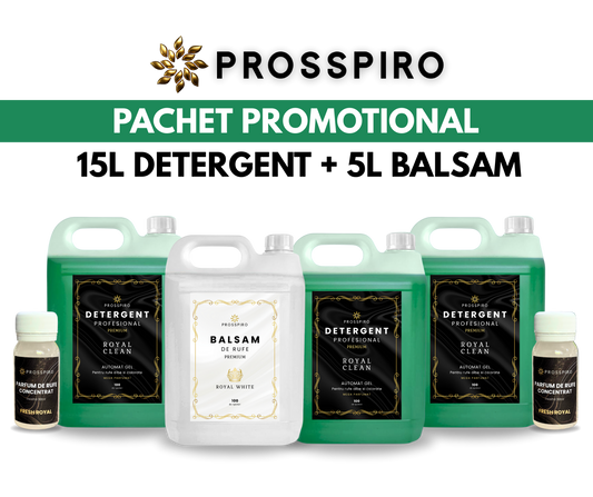 PACHETUL RUFE-FRESH: 3x 5L Detergent "Royal Clean" (15L) + 1x 5L Balsam "Royal White" (5L) + 2x Parfum de rufe 50ml CADOU