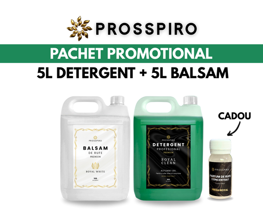 PACHETUL 1+1: 1x 5L Detergent "Royal Clean" (5L) + 1x 5L Balsam de rufe "Royal White" (5L) + 1x Parfum de rufe 50ml CADOU