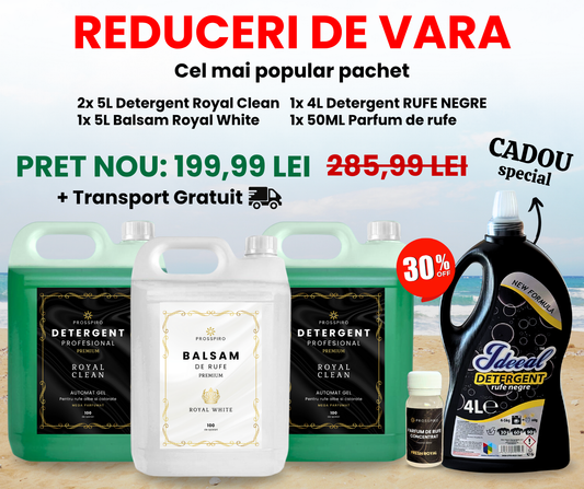 PACHET MEGA: 2x 5L Detergent "Royal Clean" (10L) + 1x 5L Balsam "Royal White" (5L) + 1x 4L Detergent "RUFE NEGRE" (4L) + 1x Parfum de rufe 50ml CADOU