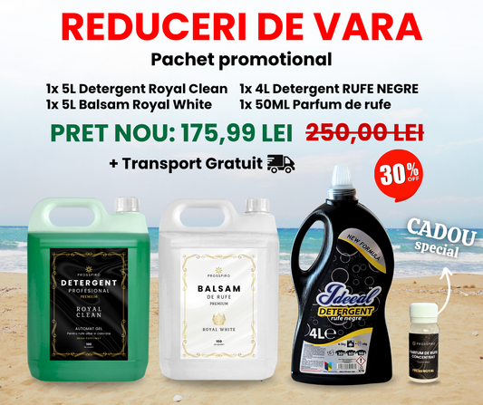 PACHET: 1x Detergent PROFESIONAL "ROYAL CLEAN" (5L) + 1X Balsam de rufe "ROYAL WHITE" (5L) + 1X Detergent "RUFE NEGRE" (4L) + CADOU: Parfum de rufe 50ml