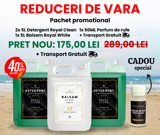 PACHET: 2x Detergent Premium "ROYAL CLEAN" (10L) + 1X Balsam de rufe "ROYAL WHITE" (5L) + CADOU: Parfum de rufe 50ml
