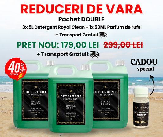 PACHET: 3x 5L Detergent Premium "ROYAL CLEAN" (15L) pentru rufe albe si colorate  + CADOU: Parfum de rufe 50ml