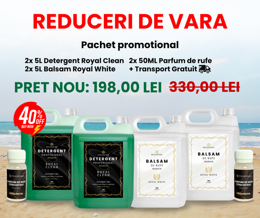 PACHETUL FAMILIEI: 2x 5L Detergent "Royal Clean" (10L) + 2x 5L Balsam "Royal White" (10L) + 2x Parfum de rufe 50ml CADOU