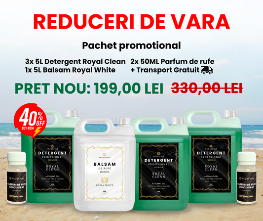 PACHETUL RUFE-FRESH: 3x 5L Detergent "Royal Clean" (15L) + 1x 5L Balsam "Royal White" (5L) + 2x Parfum de rufe 50ml CADOU