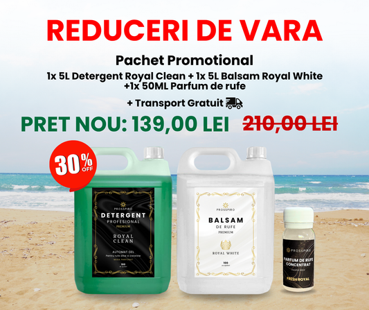 PACHETUL 1+1: 1x 5L Detergent "Royal Clean" (5L) + 1x 5L Balsam de rufe "Royal White" (5L) + 1x Parfum de rufe 50ml CADOU