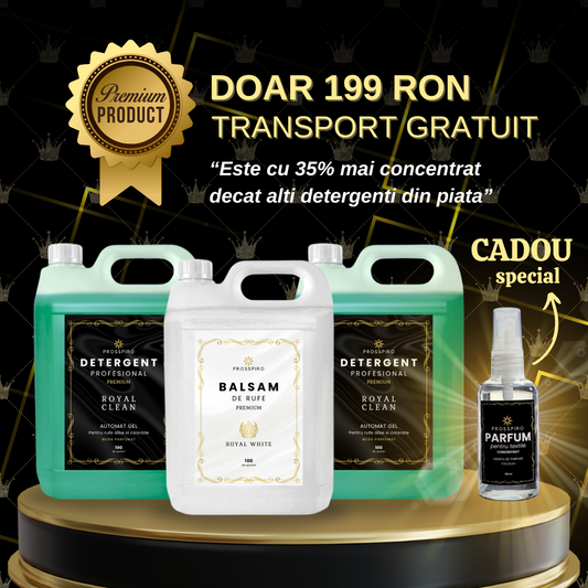 PACHET: 2x Detergent Premium "ROYAL CLEAN" (10L) + 1X Balsam de rufe "ROYAL WHITE" (5L) + CADOU: Parfum 50ml